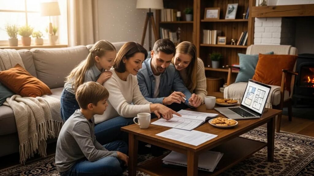 Family discussing home inspection report in cozy living room with documents and laptop, emphasizing importance of understanding home inspections for first-time buyers.