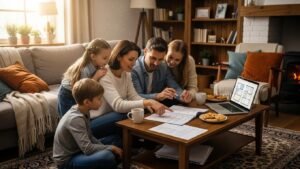 Family discussing a home inspection report in a cozy living room