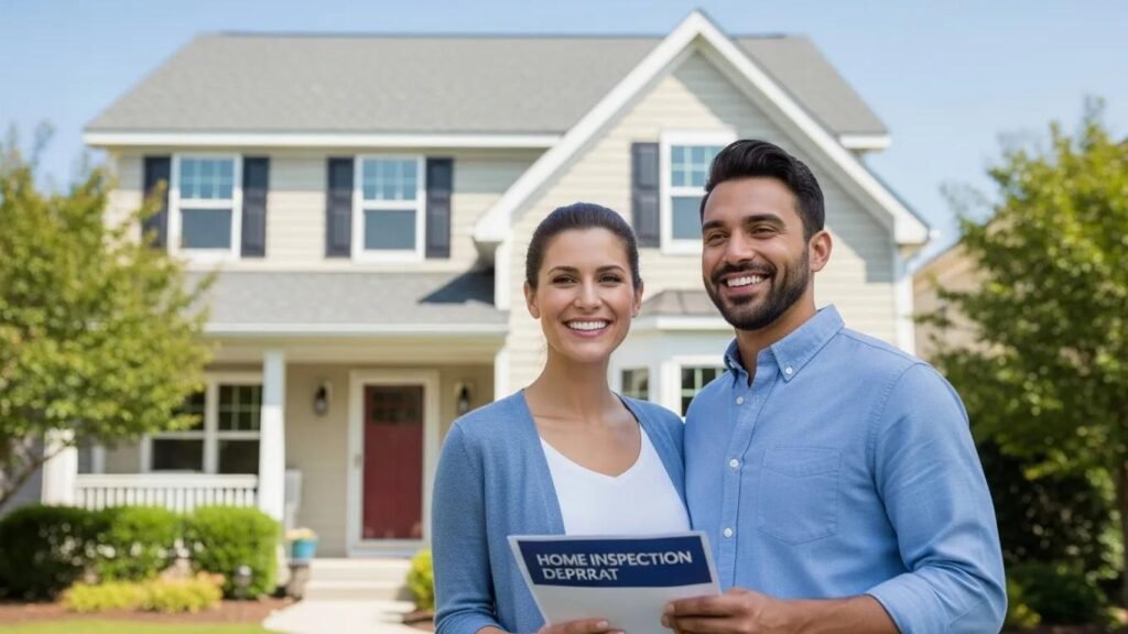 First-time home buyers smiling and holding a home inspection report in front of their new home, symbolizing the importance of thorough inspections for secure property purchases.