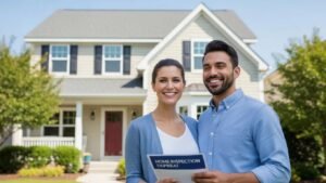 First-time home buyers in Michigan excitedly holding a home inspection report in front of their new home