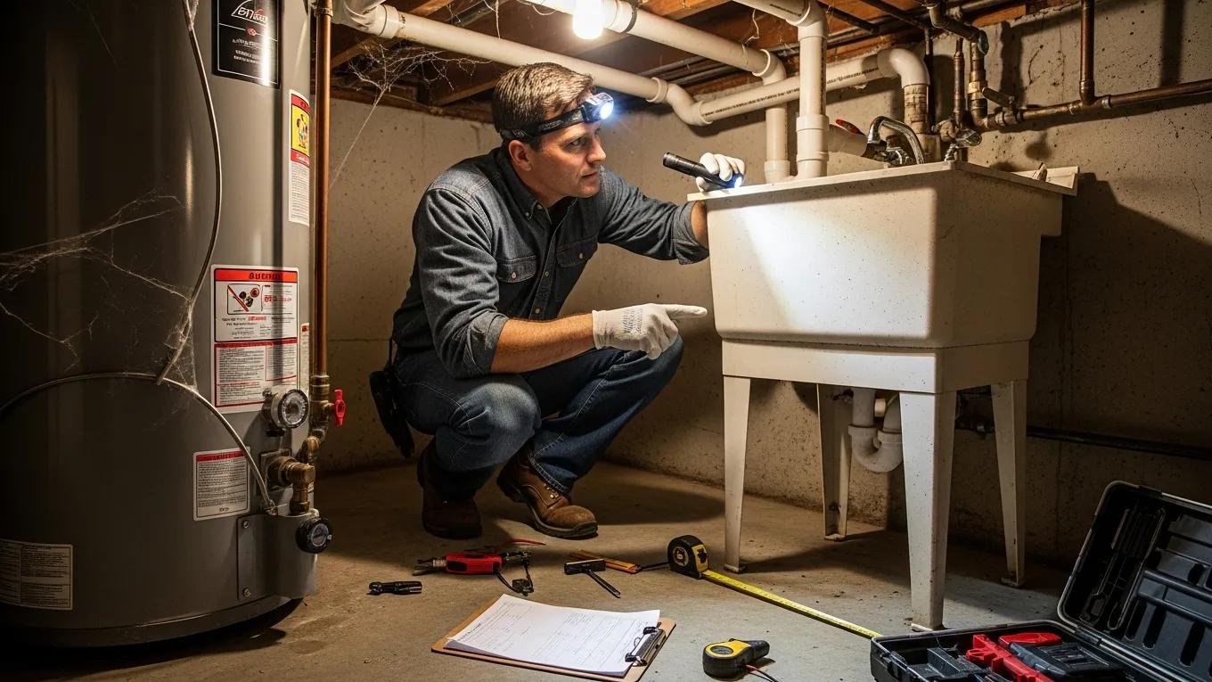 Home inspector evaluating plumbing features under a sink in Rochester Hills, highlighting pipes and water heater