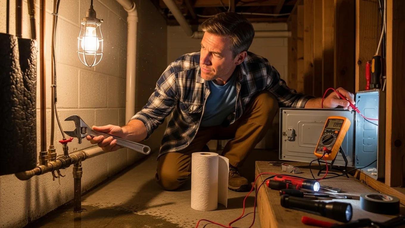 Homeowner inspecting plumbing and electrical systems for inspection