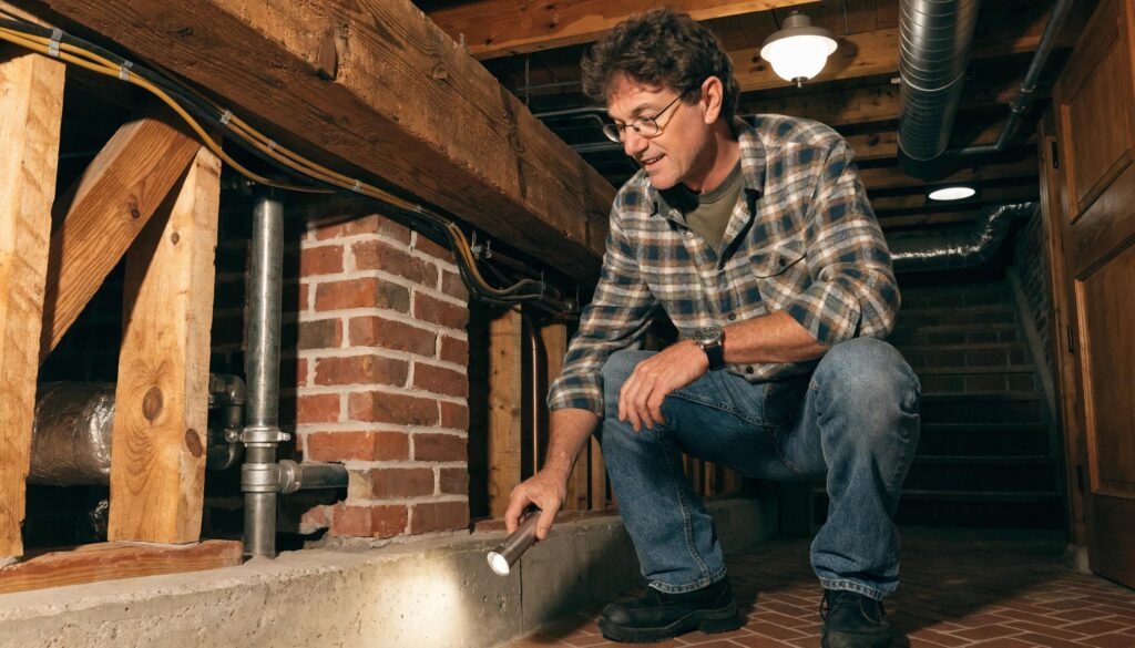 Home inspector examining foundation in Michigan basement, highlighting the importance of home inspections.