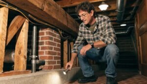 Home inspector examining foundation in Michigan basement, highlighting the importance of home inspections.