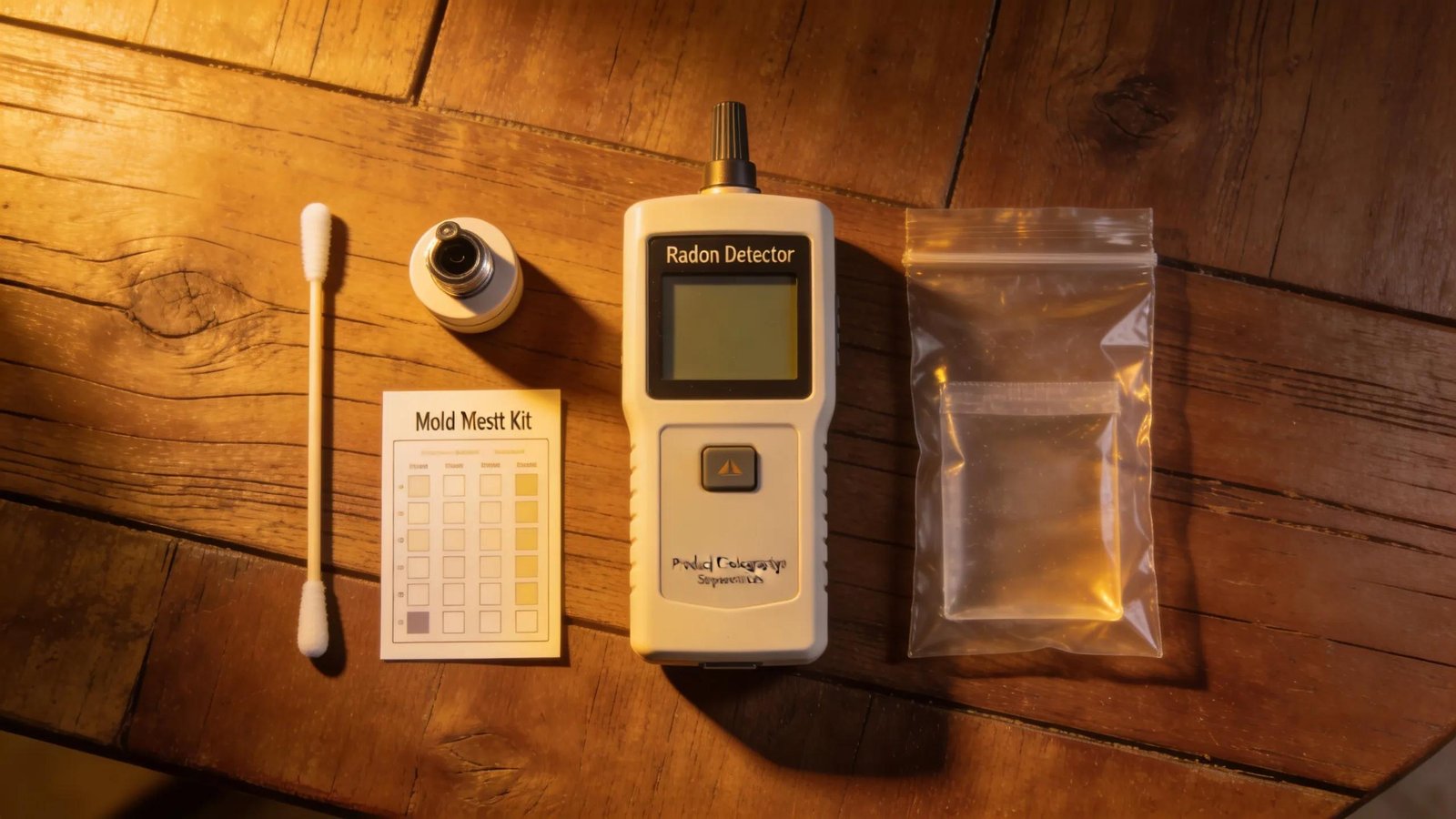 Inspection tools and test kits for radon and mold, illustrating common additional services