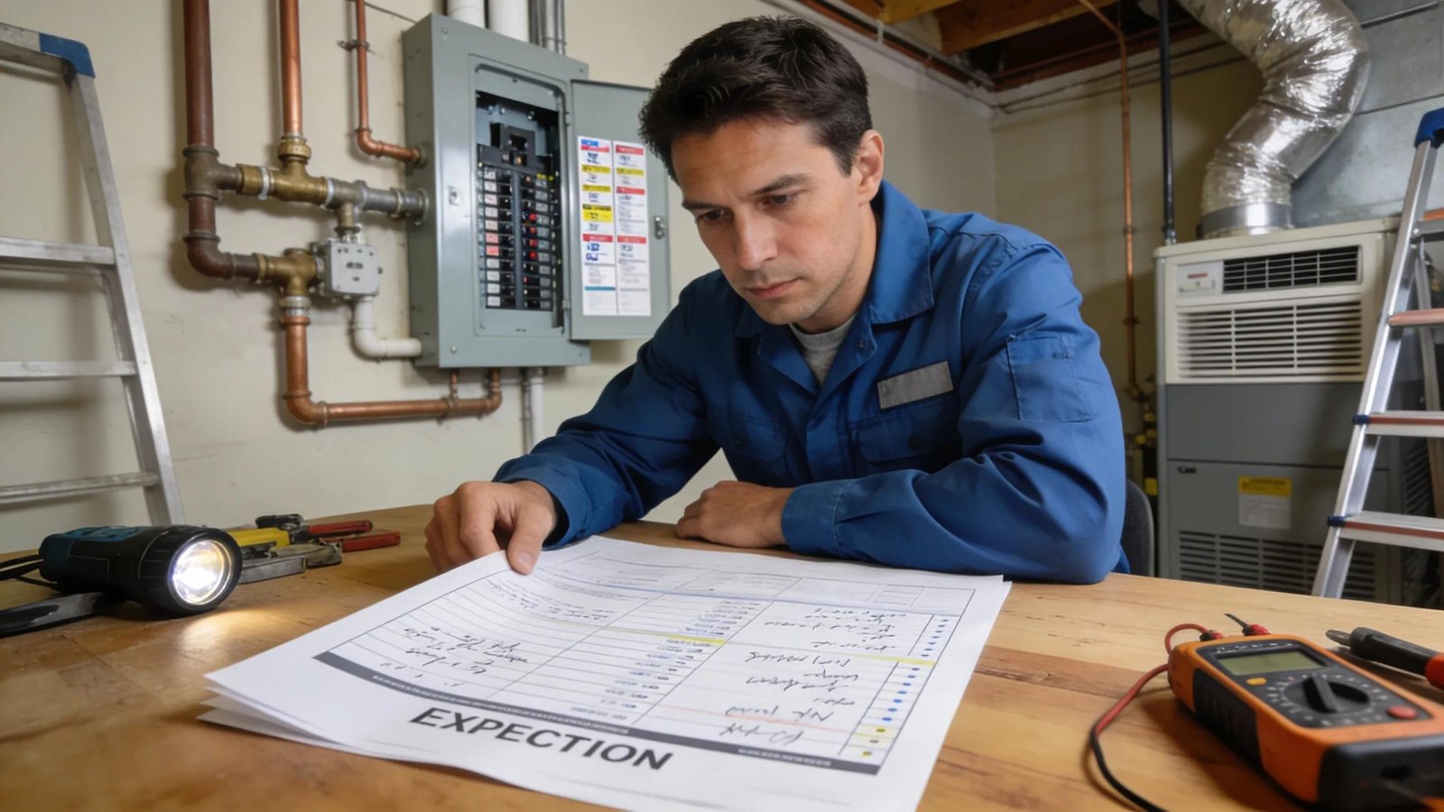 Inspector reviewing a home inspection report, focusing on key systems and findings