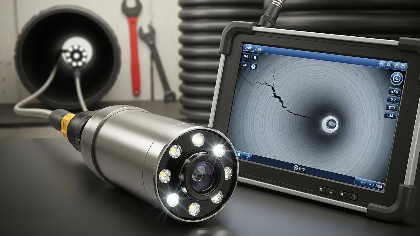 Close-up of a high-resolution sewer camera used for live inspections
