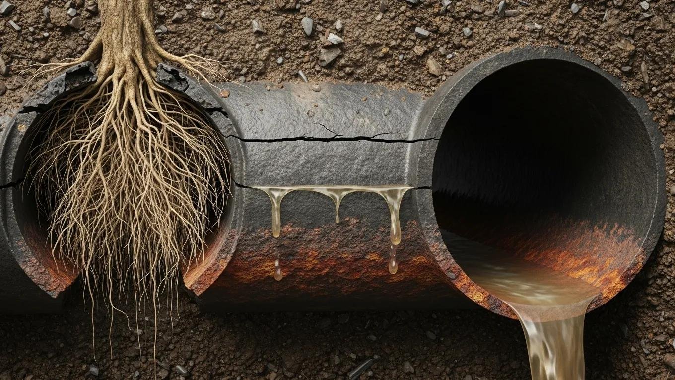 Diagram showing common sewer problems such as root intrusion and cracked pipes
