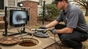 Sewer scope inspection technician examining sewer lines in an older Michigan home